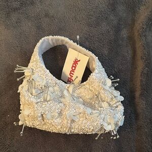 White Beaded Handbag with Floral Accents